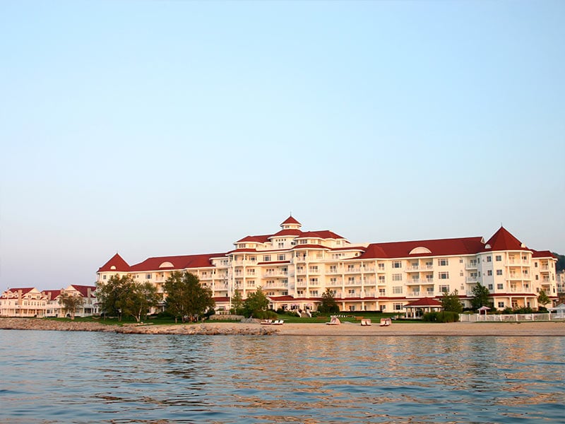 Inn exterior in evening light, pictured from Lake Michigan