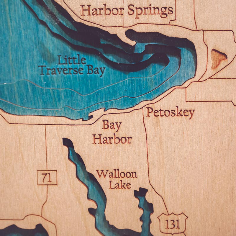 Wooden map art of Bay Harbor area