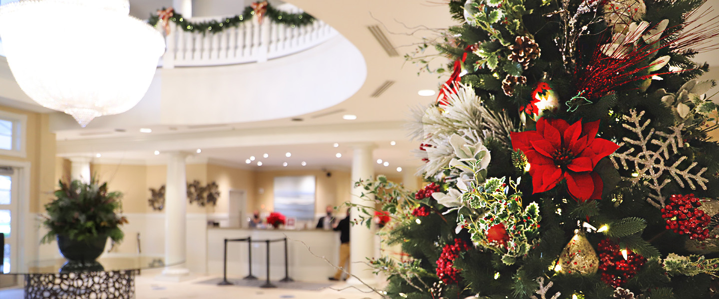 Christmas decorated lobby of Inn at Bay Harbor